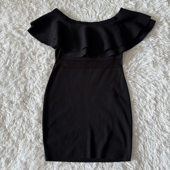 Endless Rose Black Ruffle Off the Shoulder Mini Sweater Dress Size L - Picture 3 of 7